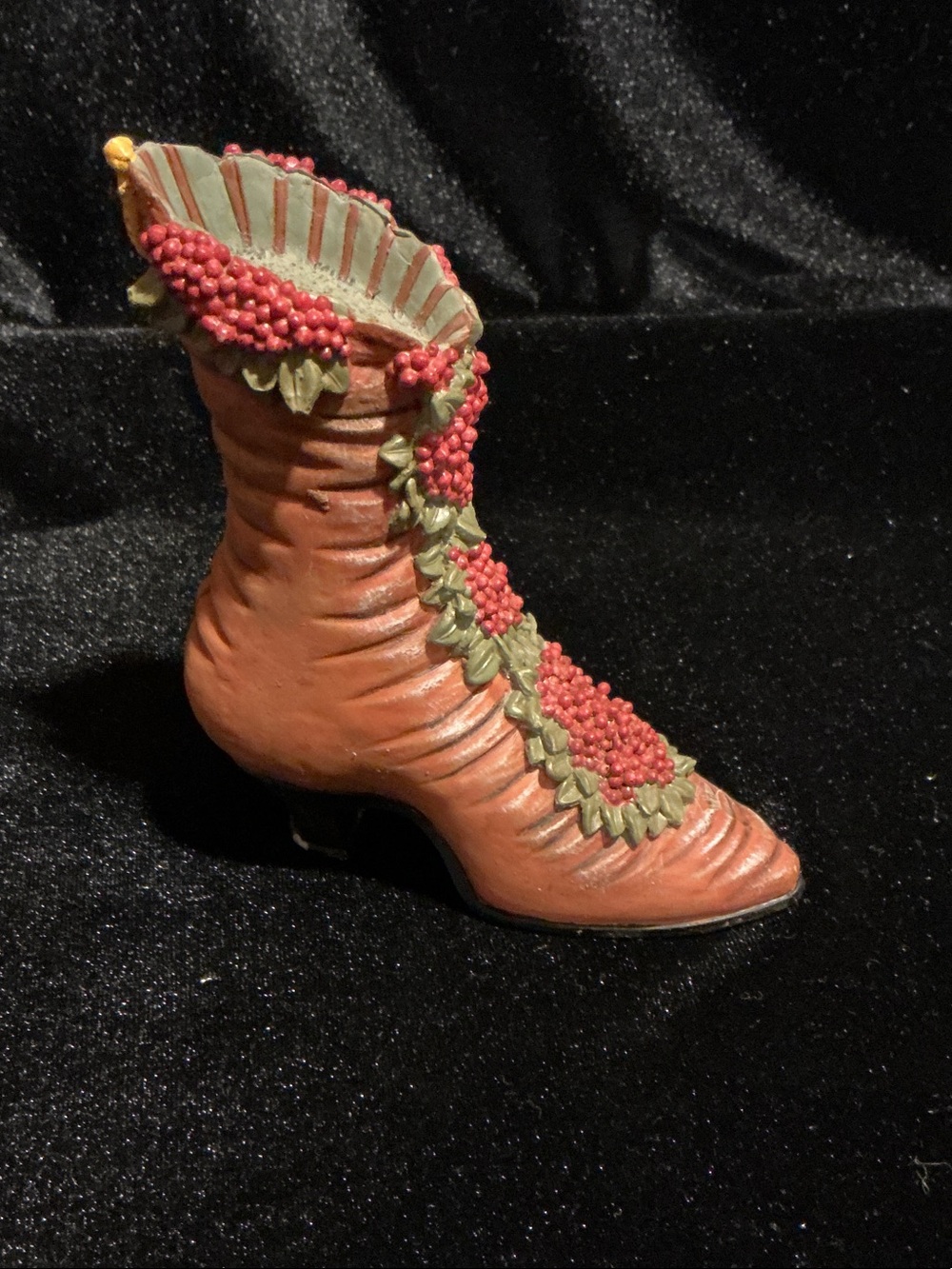 Women's Coral Decorative Ankle Boot with Green Trim Pin Cushion